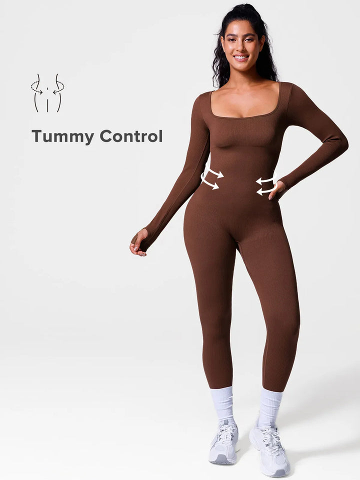 A model wearing a BRXL® Yoga Activewear Jumpsuit Winter Shapewear Long Sleeve Thumb Hole Jumpsuit in