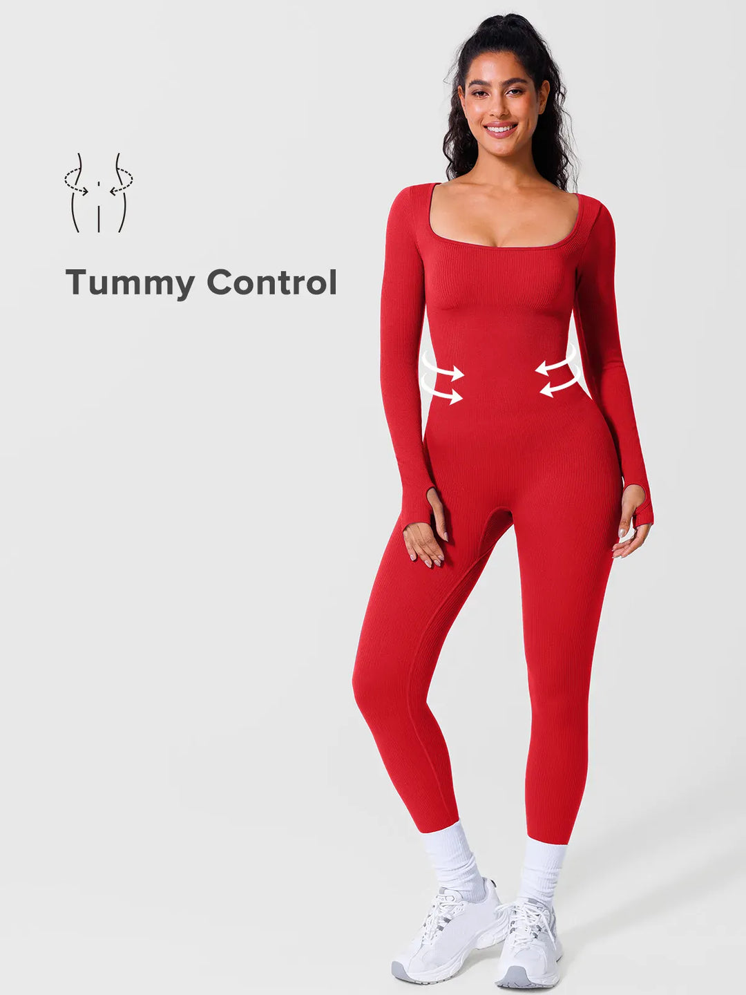 A model wearing a BRXL® Yoga Activewear Jumpsuit Winter Shapewear Long Sleeve Thumb Hole Jumpsuit in