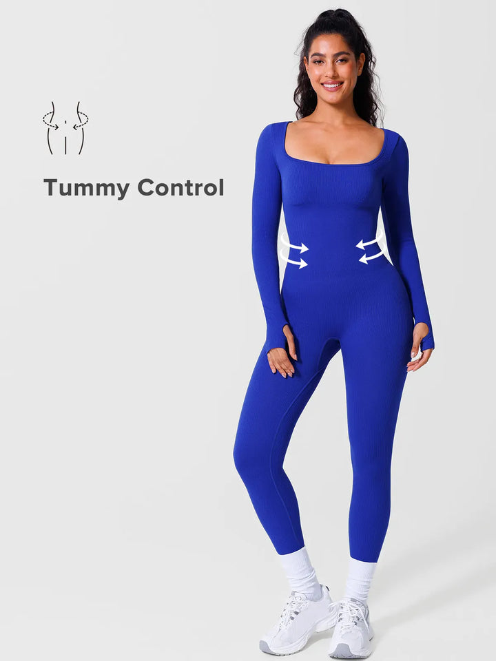 A model wearing a BRXL® Yoga Activewear Jumpsuit Winter Shapewear Long Sleeve Thumb Hole Jumpsuit in