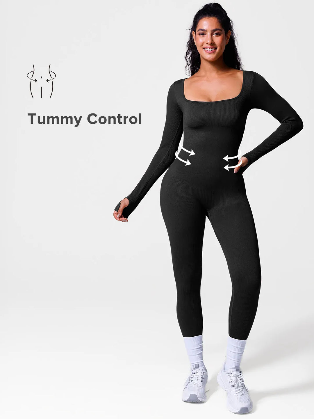 A model wearing a BRXL® Yoga Activewear Jumpsuit Winter Shapewear Long Sleeve Thumb Hole Jumpsuit in