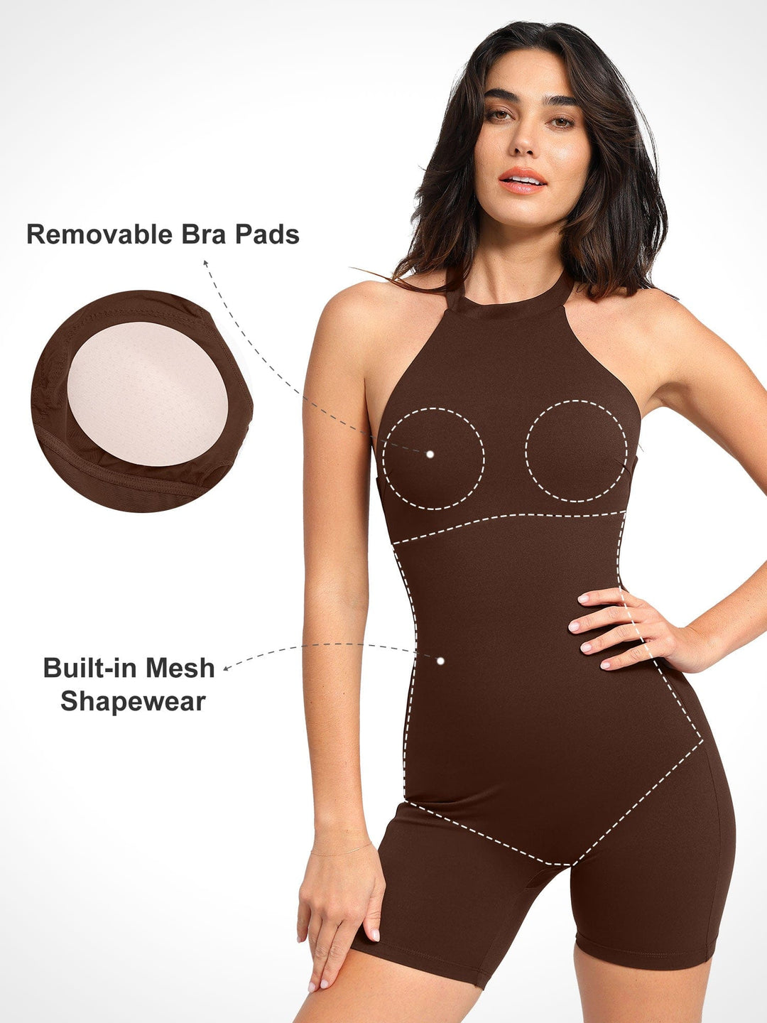 A model wearing a BRXL® Shapewear Sculpting Cutaway Halter Romper in