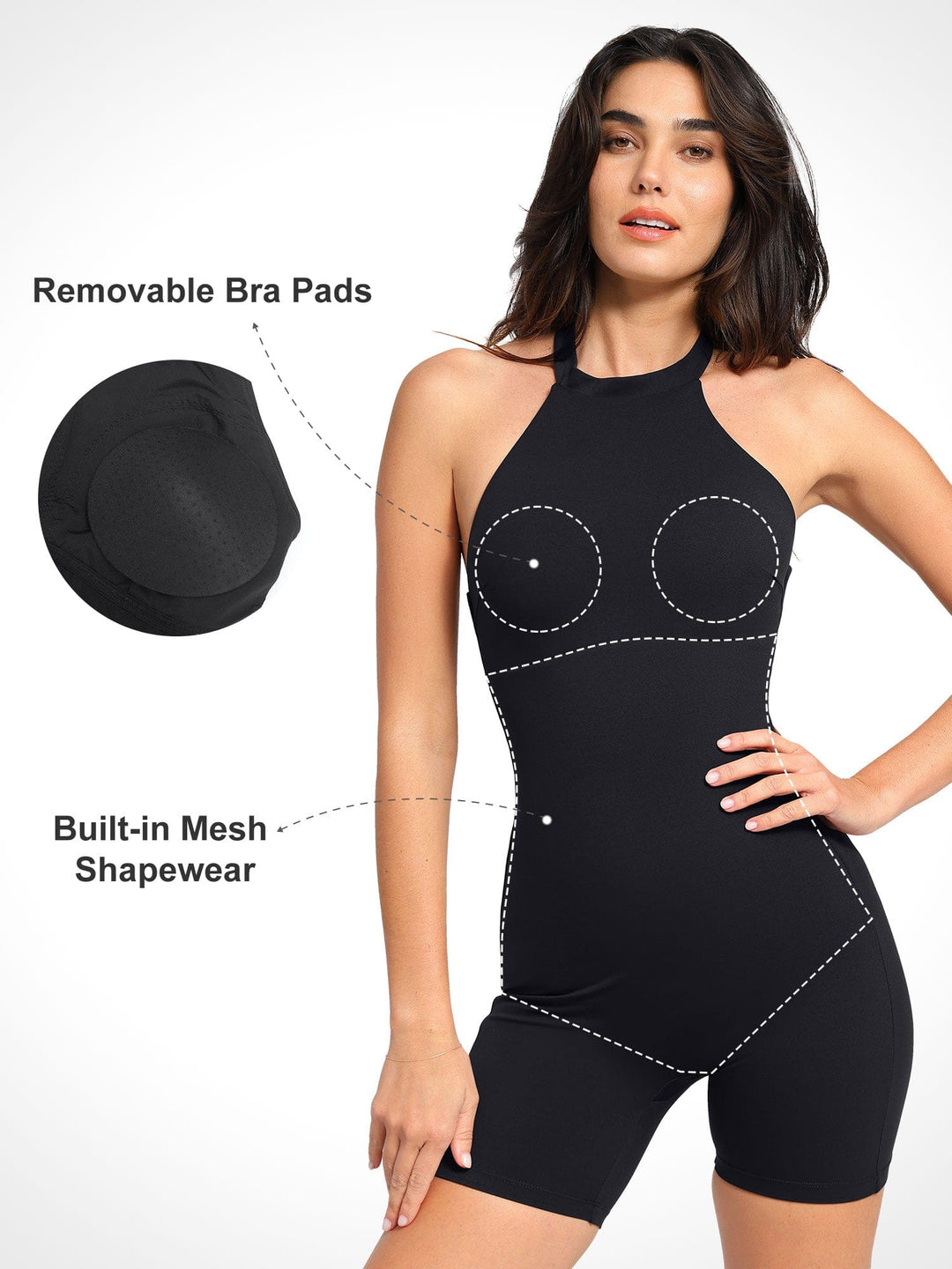 A model wearing a BRXL® Shapewear Sculpting Cutaway Halter Romper in