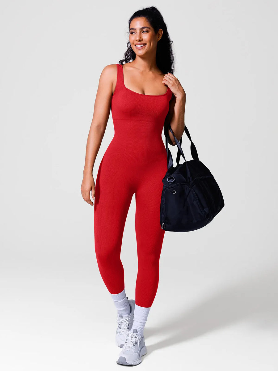A model wearing a BRXL® Yoga Activewear Jumpsuit Shapewear Seamless Square Neck Tank Workout Jumpsuit in