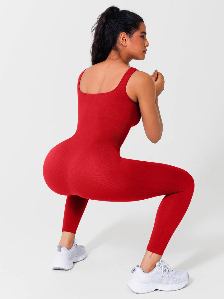 A model wearing a BRXL® Yoga Activewear Jumpsuit Shapewear Seamless Square Neck Tank Workout Jumpsuit in