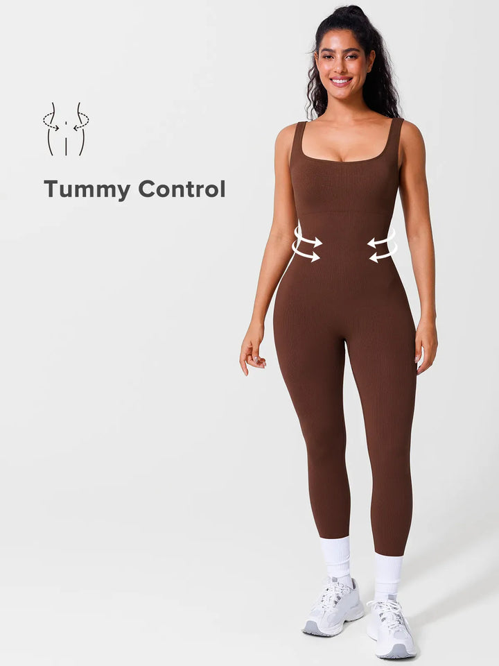 A model wearing a BRXL® Yoga Activewear Jumpsuit Shapewear Seamless Square Neck Tank Workout Jumpsuit in