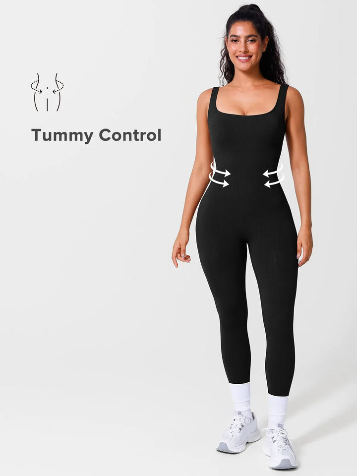 A model wearing a BRXL® Yoga Activewear Jumpsuit Shapewear Seamless Square Neck Tank Workout Jumpsuit in