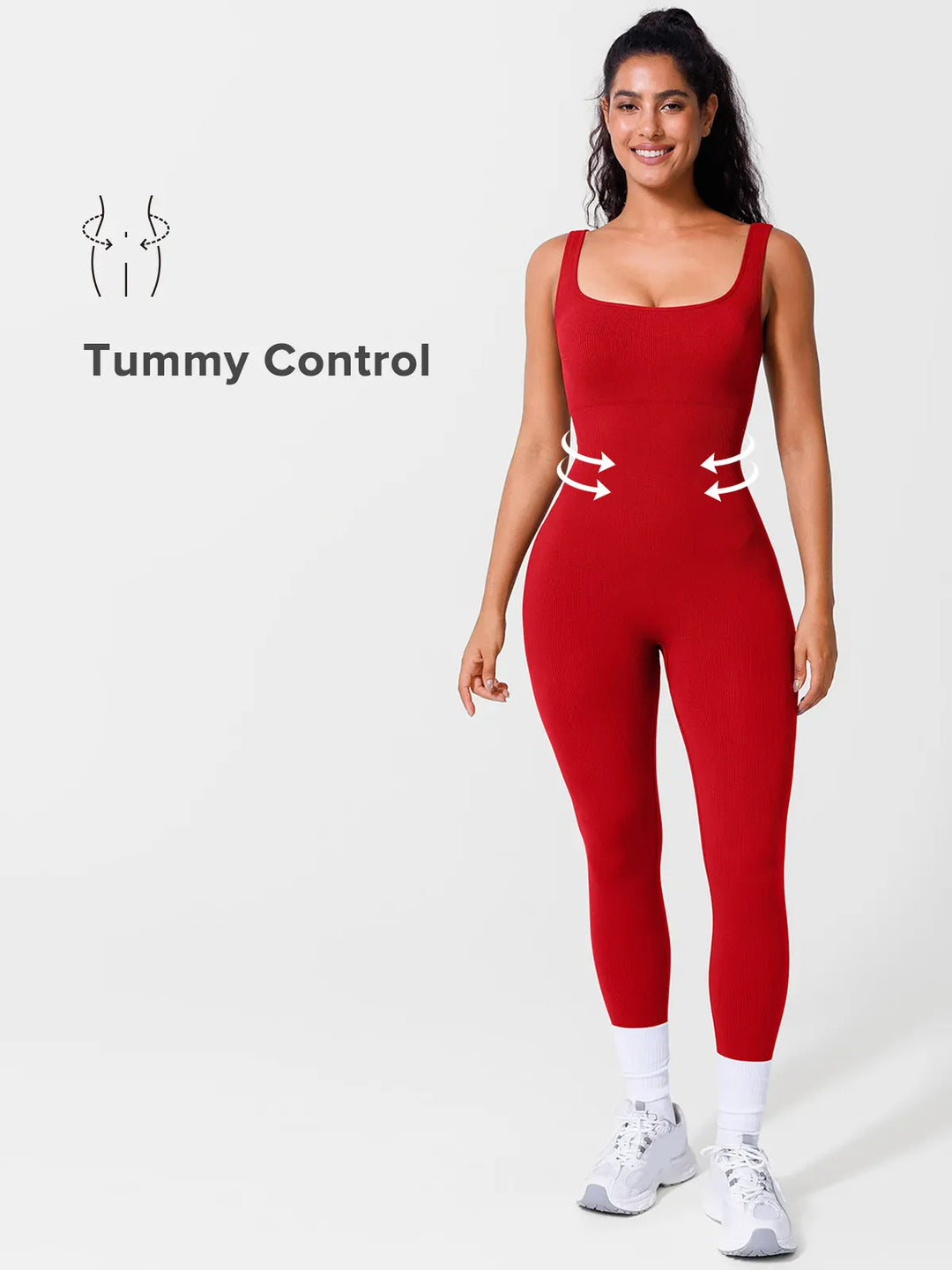 A model wearing a BRXL® Yoga Activewear Jumpsuit Shapewear Seamless Square Neck Tank Workout Jumpsuit in