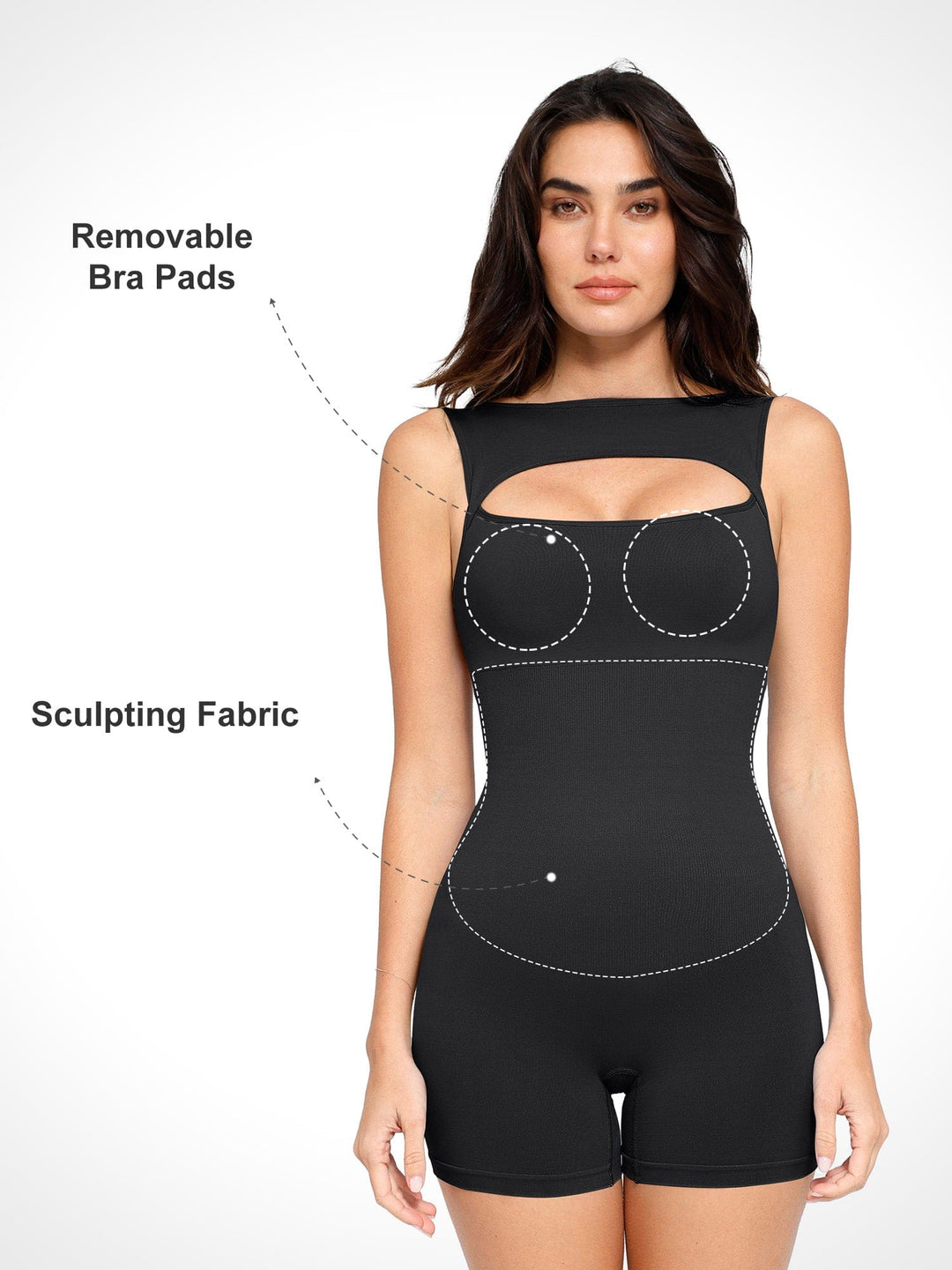 A model wearing a BRXL® Shapewear Seamless Tummy Control Cut-Out Romper in