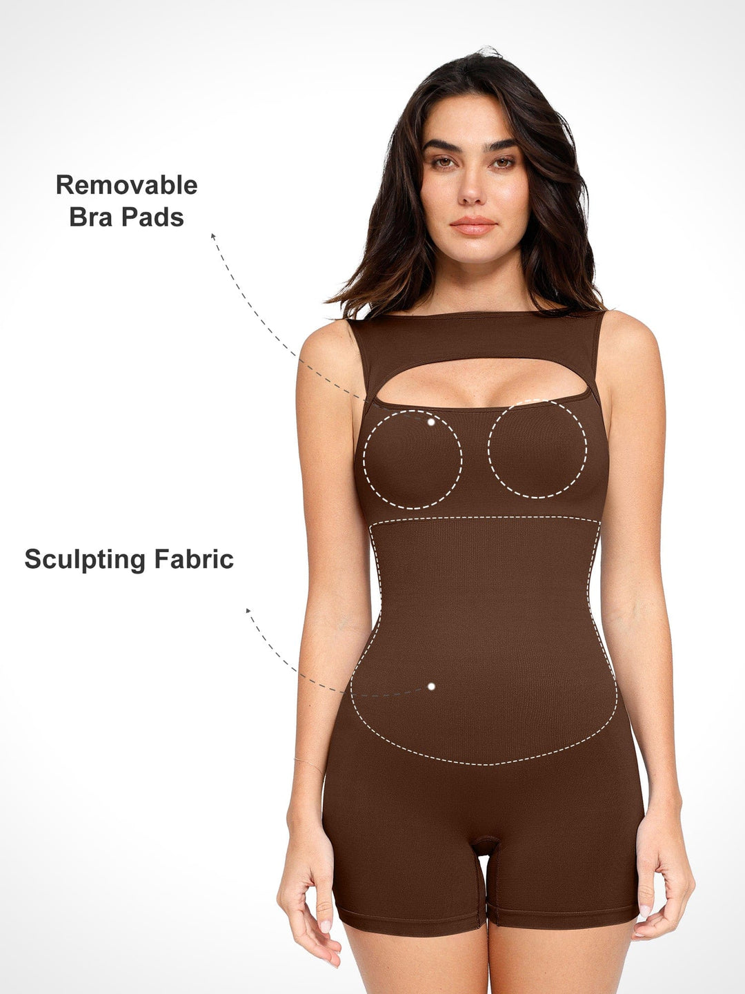 A model wearing a BRXL® Shapewear Seamless Tummy Control Cut-Out Romper in