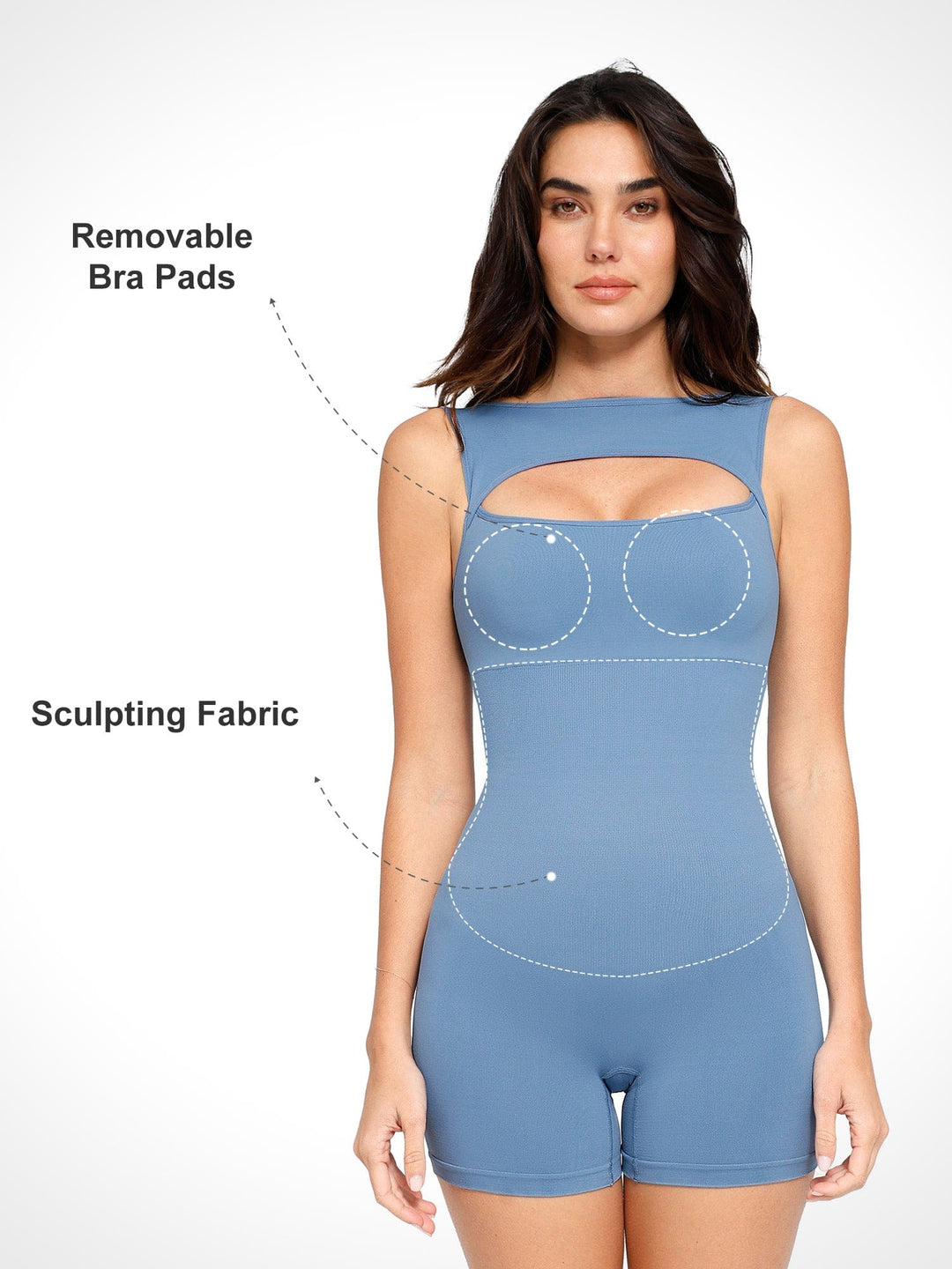 A model wearing a BRXL® Shapewear Seamless Tummy Control Cut-Out Romper in