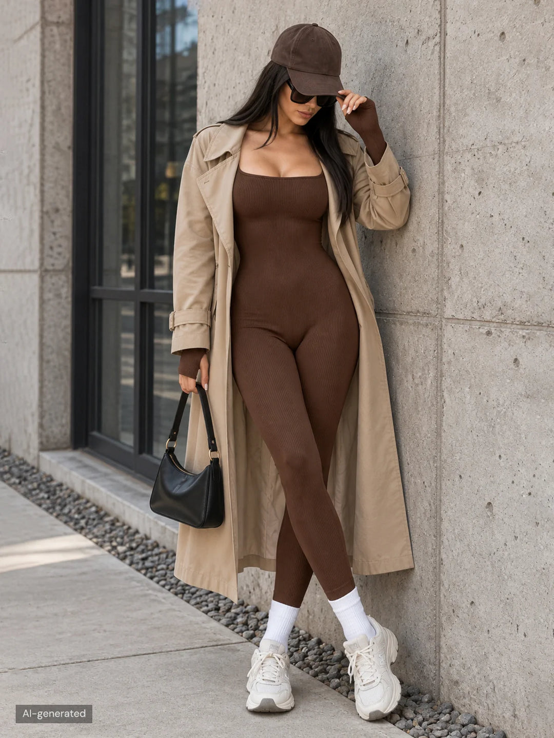A model wearing a BRXL® Yoga Activewear Jumpsuit Winter Shapewear Tummy Control Long Sleeve Thumb Hole Jumpsuit
