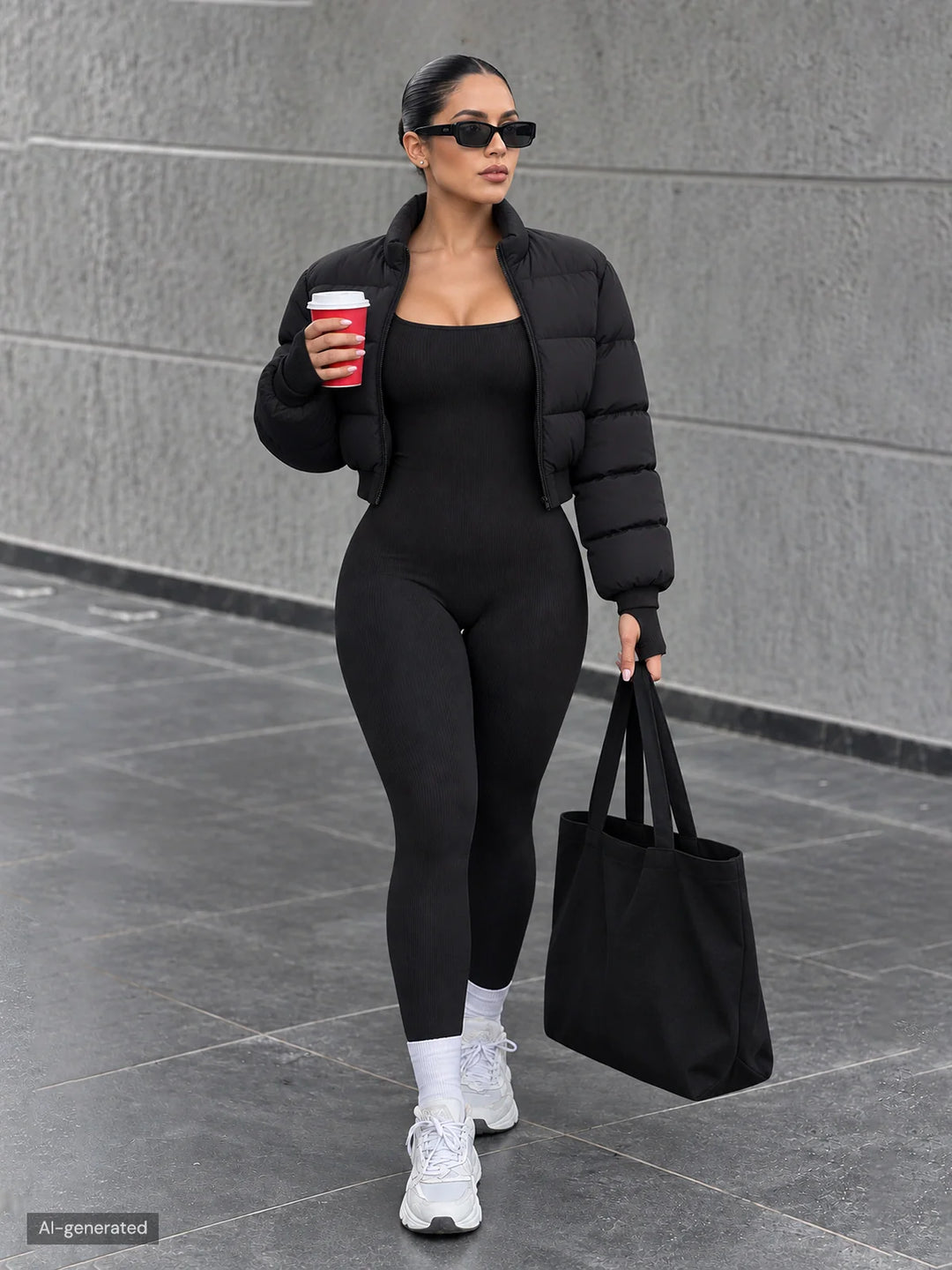 A model wearing a BRXL® Yoga Activewear Jumpsuit Winter Shapewear Tummy Control Long Sleeve Thumb Hole Jumpsuit
