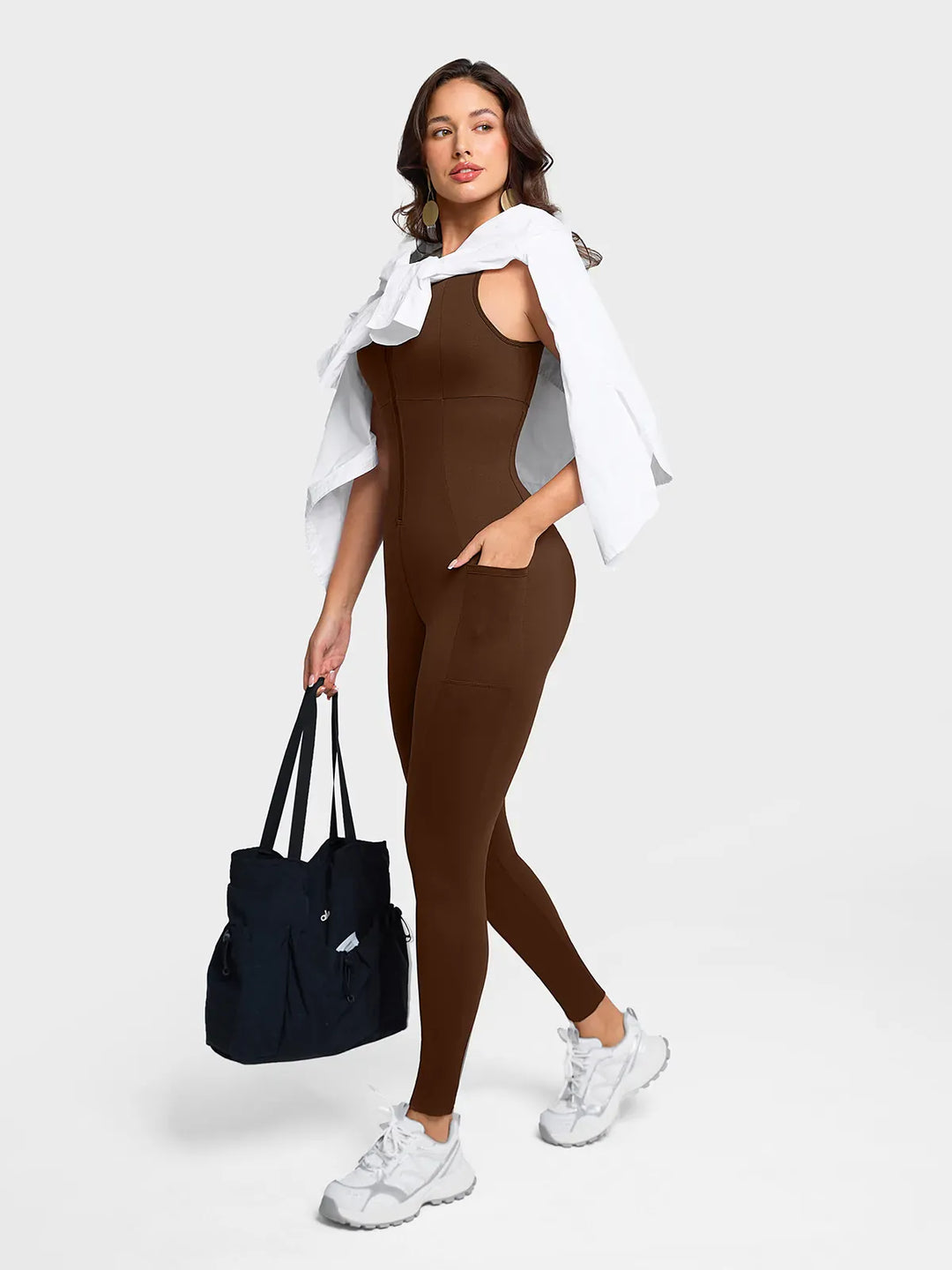 Sleeveless Body-Sculpting Zip Front Bodycon Jumpsuit