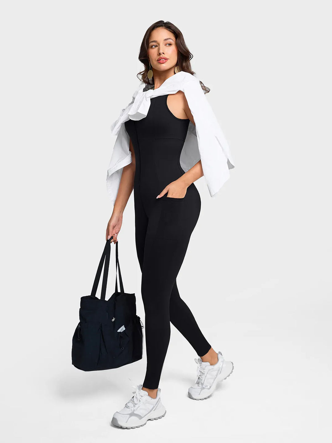 Sleeveless Body-Sculpting Zip Front Bodycon Jumpsuit