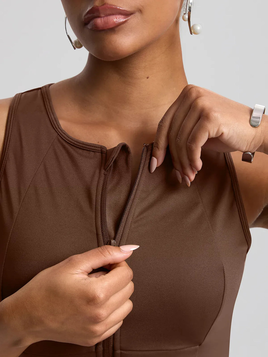 Sleeveless Body-Sculpting Zip Front Bodycon Jumpsuit