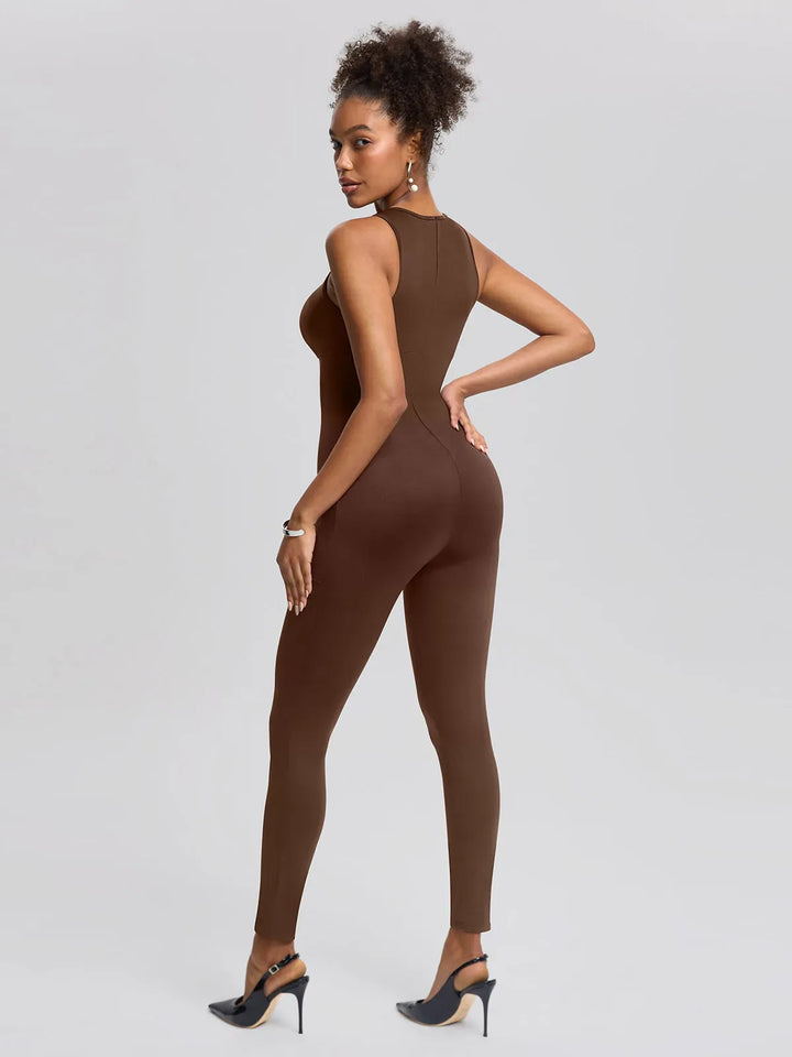 Sleeveless Body-Sculpting Zip Front Bodycon Jumpsuit
