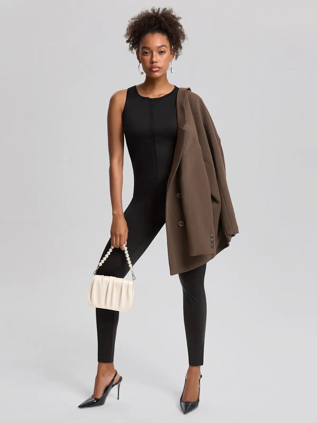 Sleeveless Body-Sculpting Zip Front Bodycon Jumpsuit