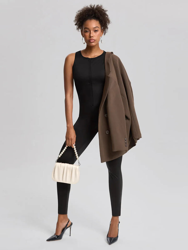 Sleeveless Body-Sculpting Zip Front Bodycon Jumpsuit