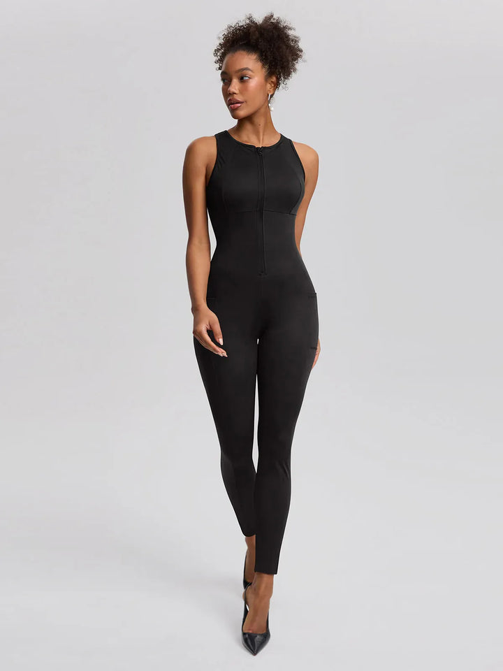 Sleeveless Body-Sculpting Zip Front Bodycon Jumpsuit