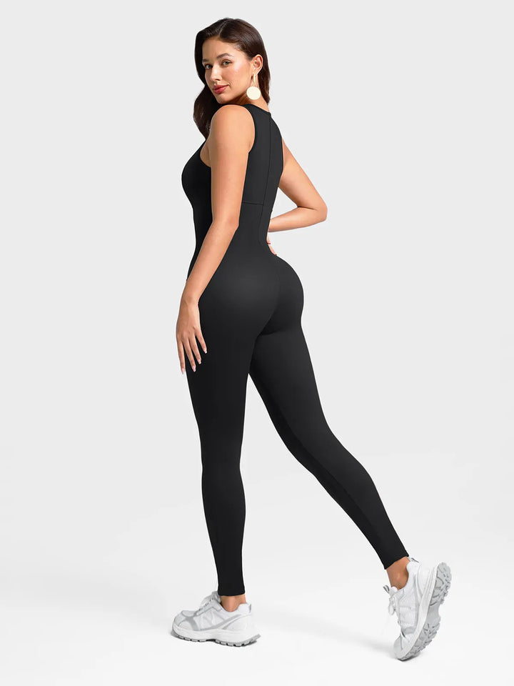Sleeveless Body-Sculpting Zip Front Bodycon Jumpsuit