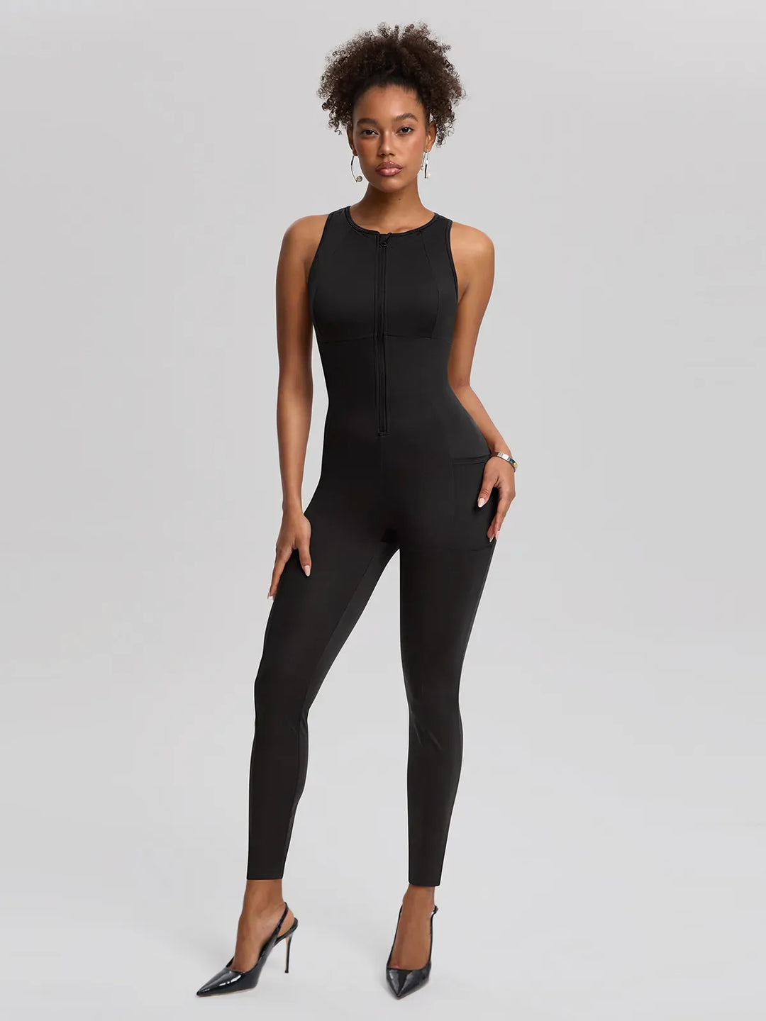 Sleeveless Body-Sculpting Zip Front Bodycon Jumpsuit