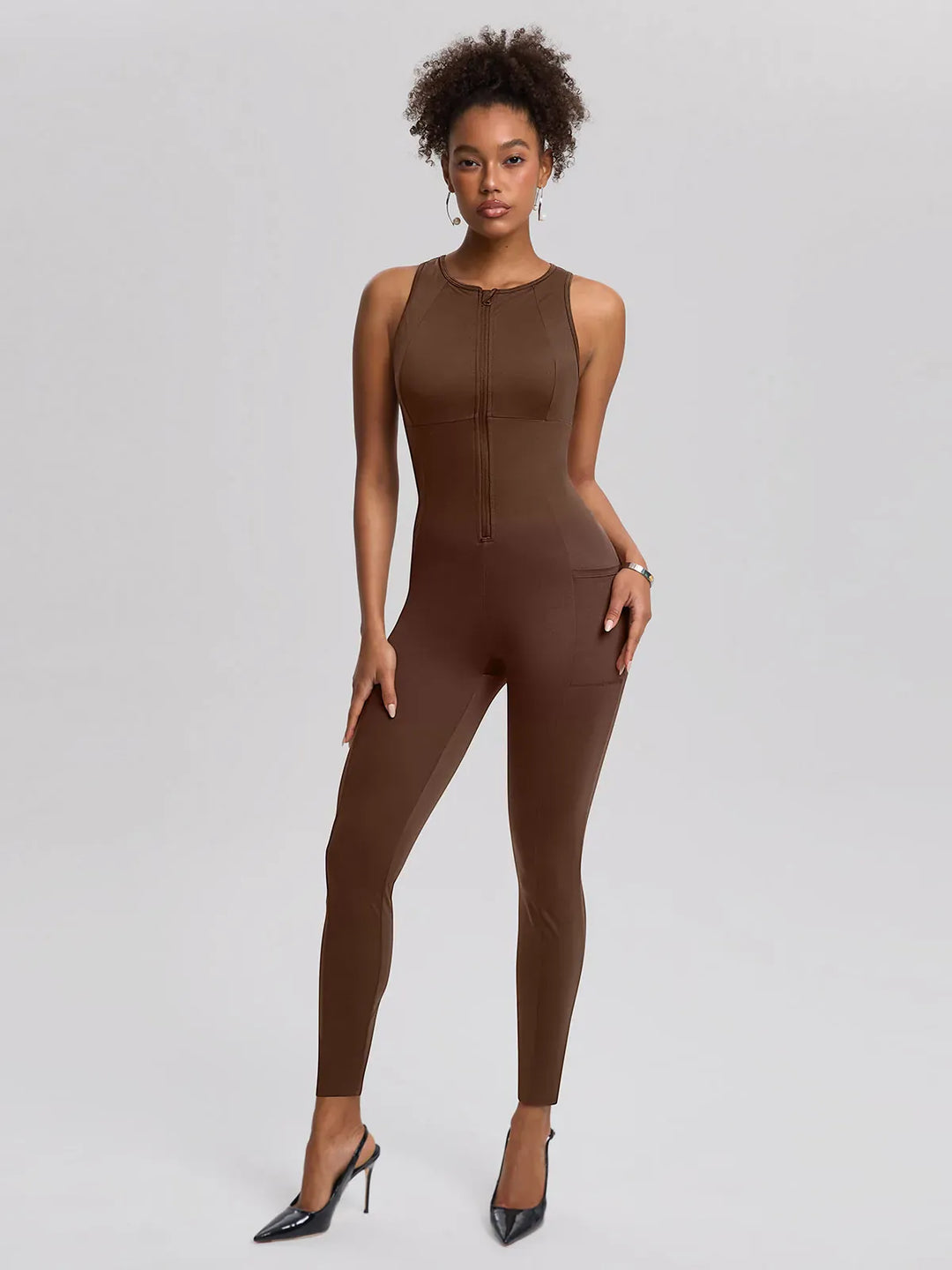 Sleeveless Body-Sculpting Zip Front Bodycon Jumpsuit