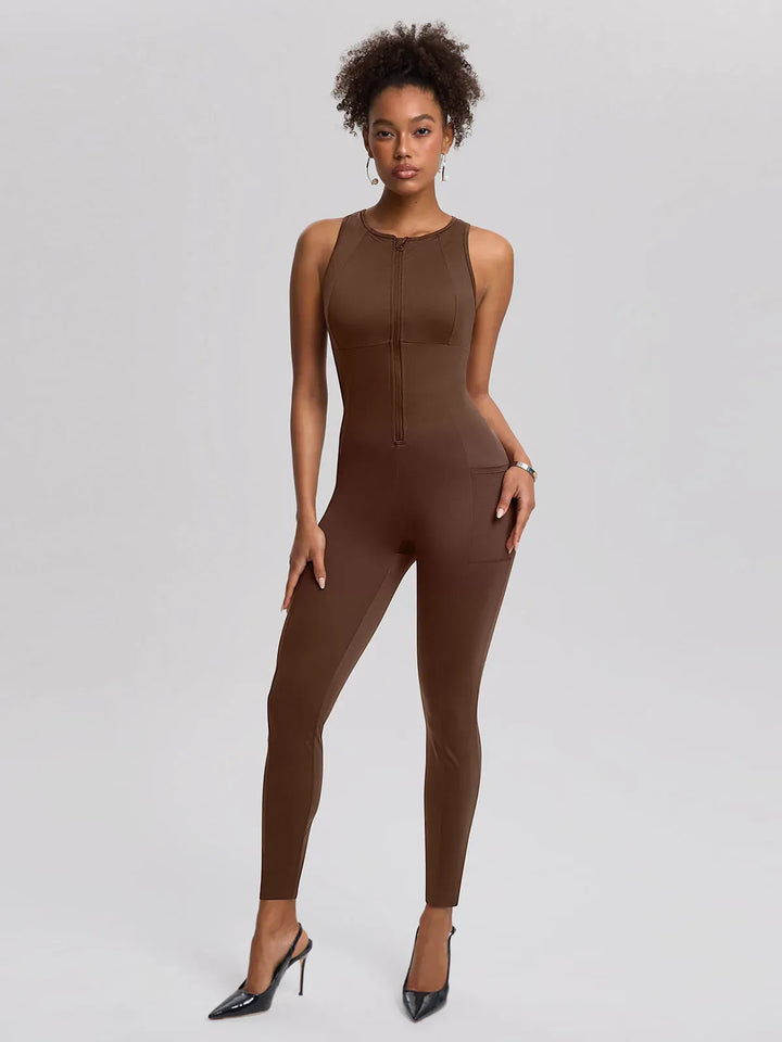 Sleeveless Body-Sculpting Zip Front Bodycon Jumpsuit