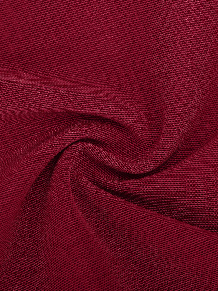 Swirled burgundy mesh fabric detail for tummy control wide leg jumpsuit
