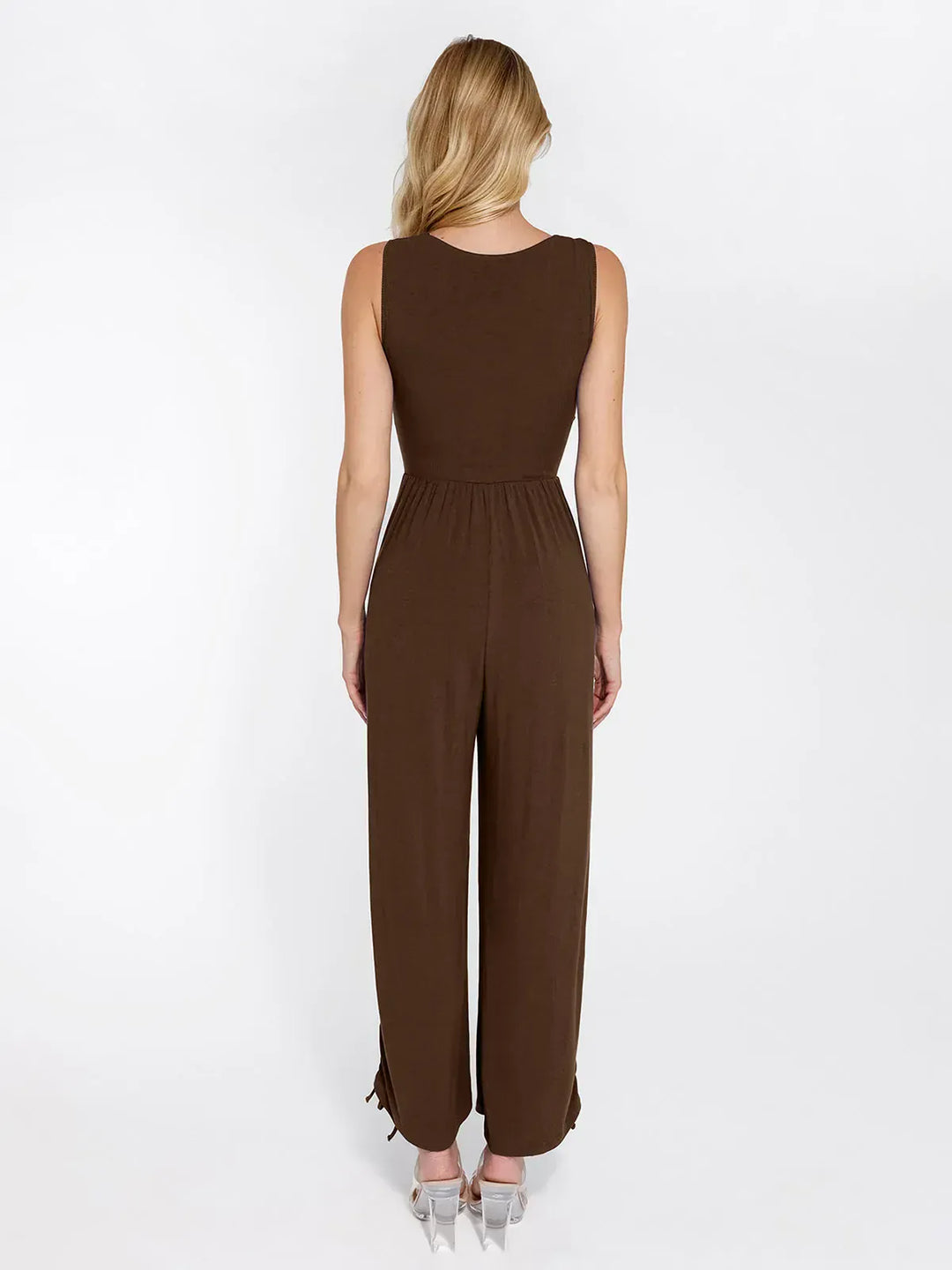 Popilush brown tummy control wide leg shapewear jumpsuit with ruched waist.
