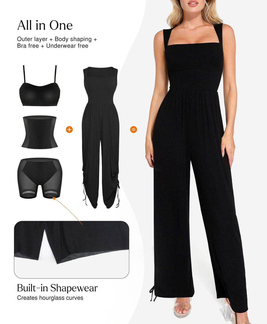 Popilush? Casual Slimming Jumpsuit Fashion Shapewear Square Neck Tummy Control Wide Leg Jumpsuit