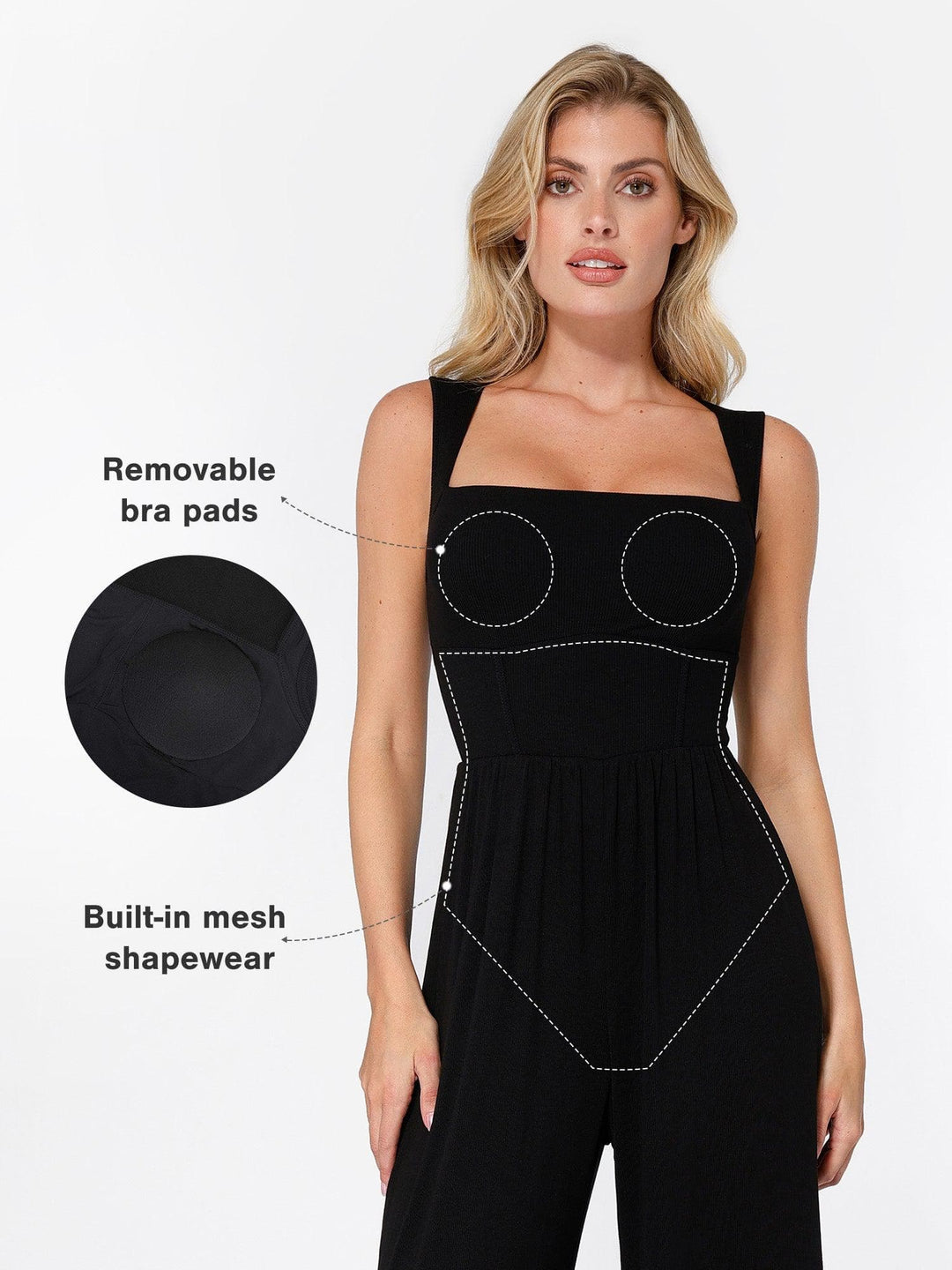 Jumpsuit by Popilush?, features removable bra pads and mesh shapewear design.