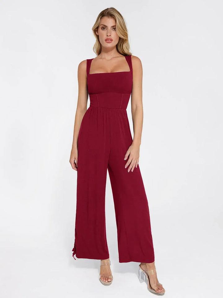 Shapewear square neck tummy control wide leg jumpsuit in a rich burgundy color.