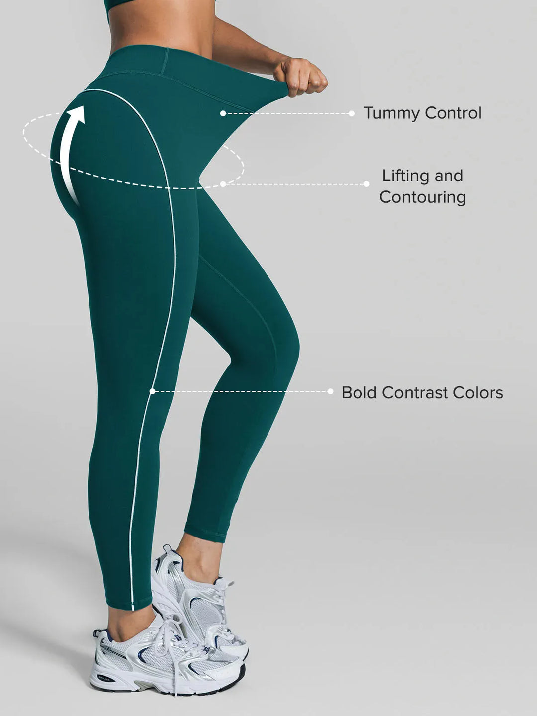 A model wearing a BRXL® Tummy Control High Rise Yoga Leggings in