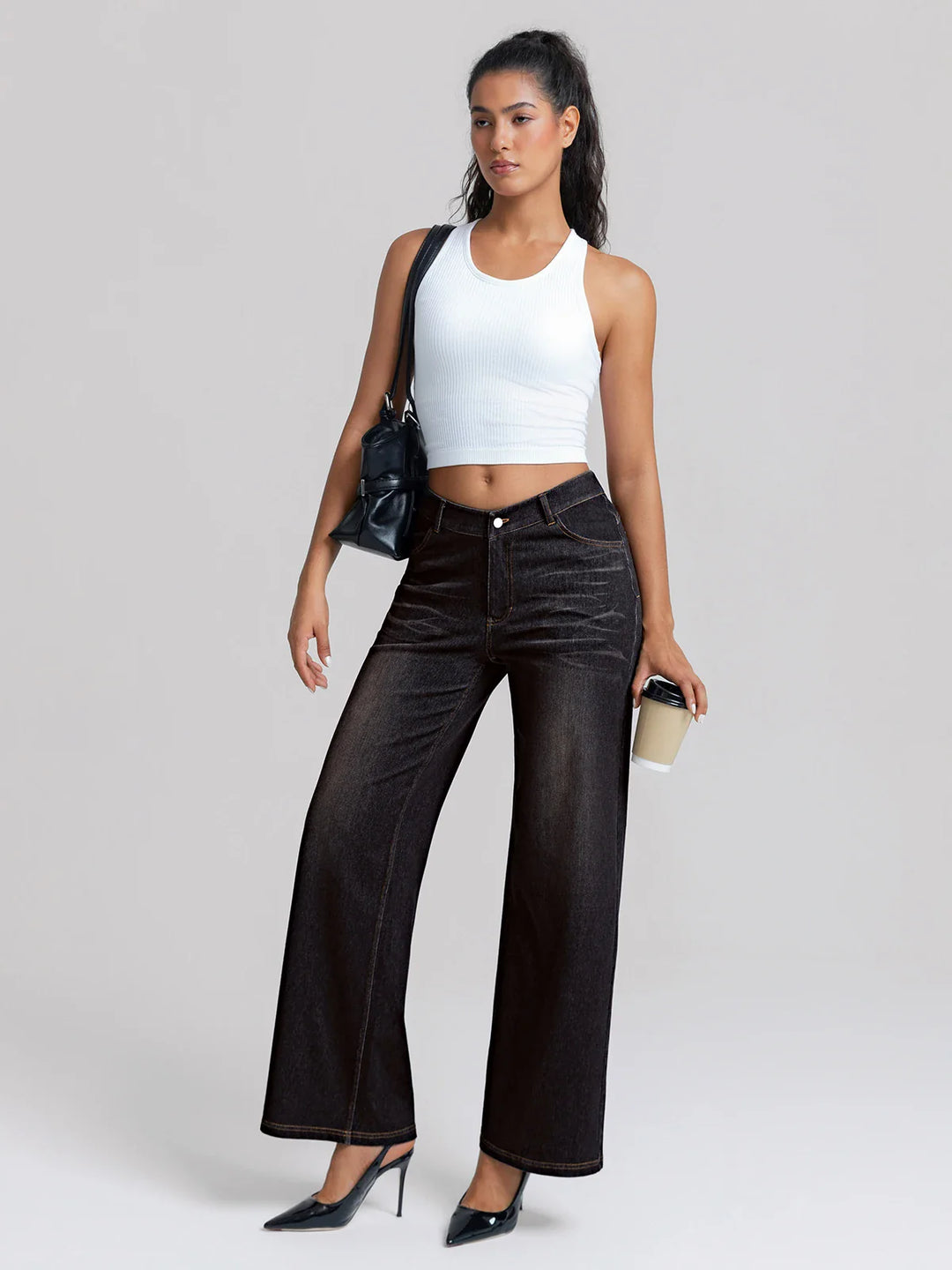 A model wearing a BRXL® V-Waist Butt-Lifting Washed Casual Wide Leg Jeans with Pockets