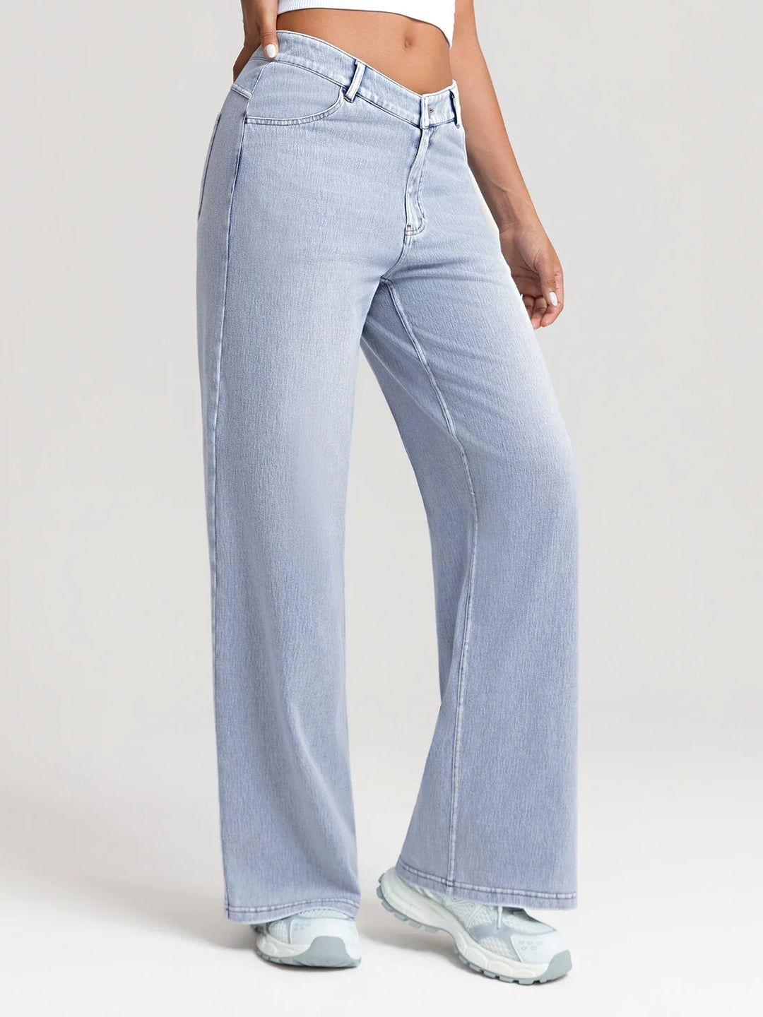 A model wearing a BRXL® V-Waist Butt-Lifting Washed Casual Wide Leg Jeans with Pockets