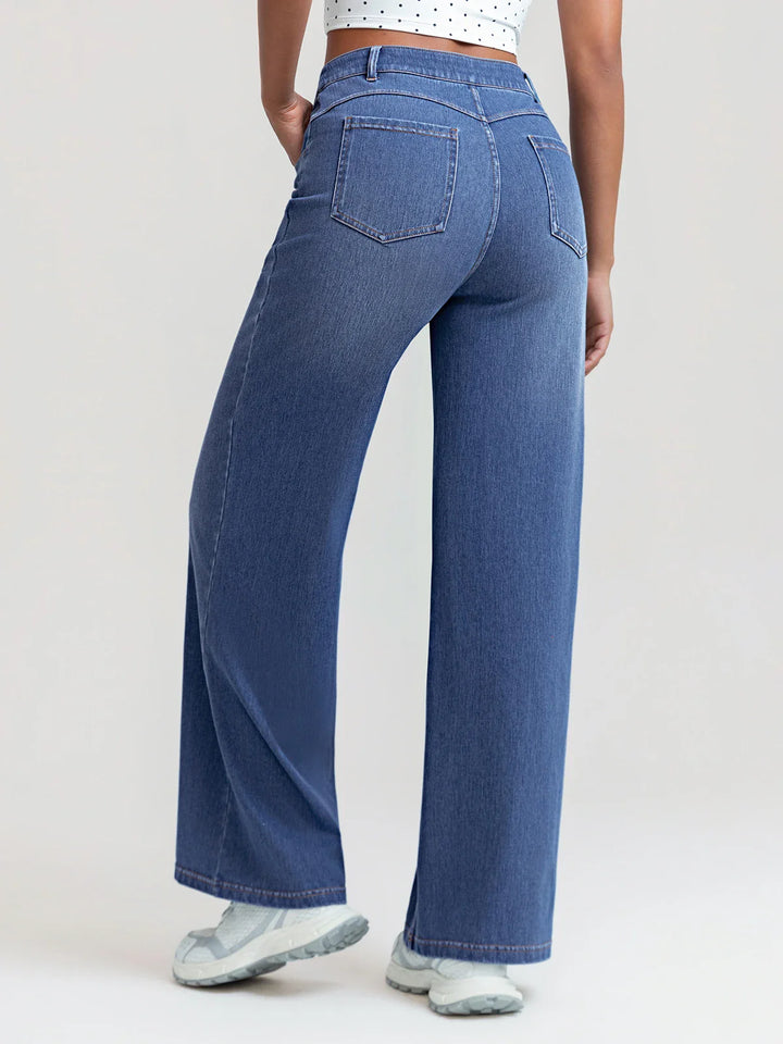 A model wearing a BRXL® V-Waist Butt-Lifting Washed Casual Wide Leg Jeans with Pockets