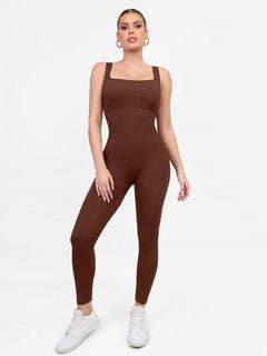 Popilush? activewear: Brown square neck jumpsuit, body-con fit