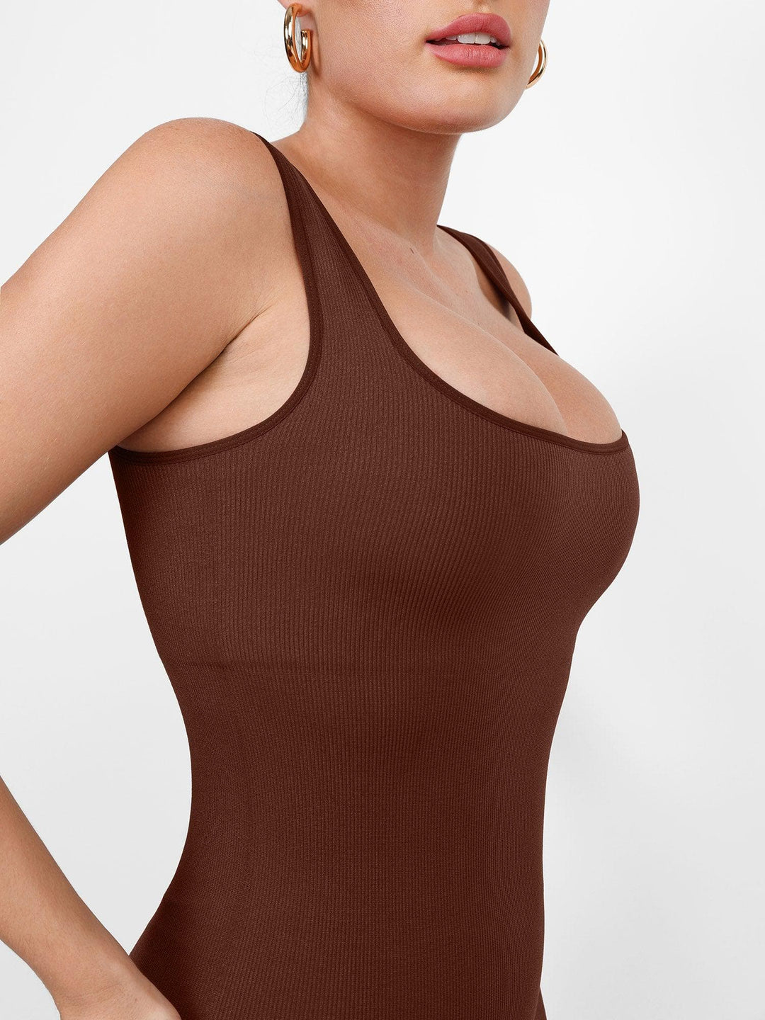 Popilush? square neck jumpsuit in brown, body-contouring fit