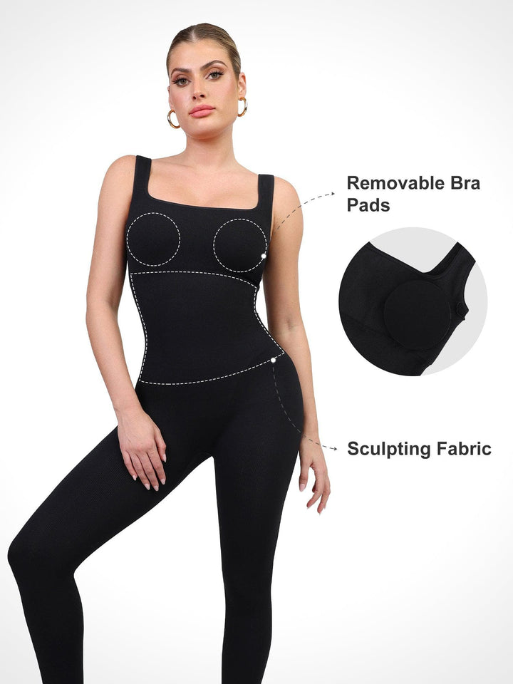 Black jumpsuit by Popilush?, with removable bra pads and sculpting fabric detail, activewear.