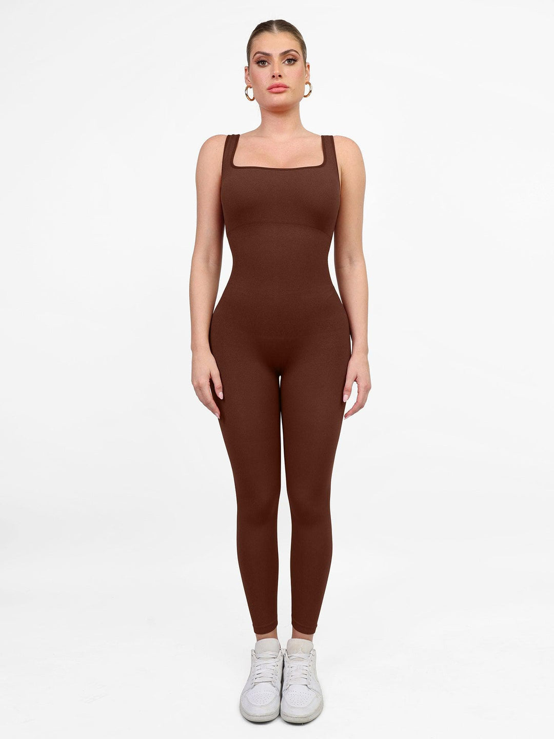 Popilush?: square-neck seamless jumpsuit in brown for an active lifestyle