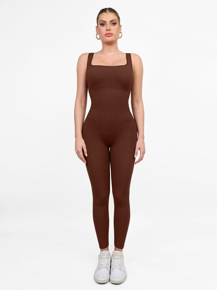 Popilush?: square-neck seamless jumpsuit in brown for an active lifestyle